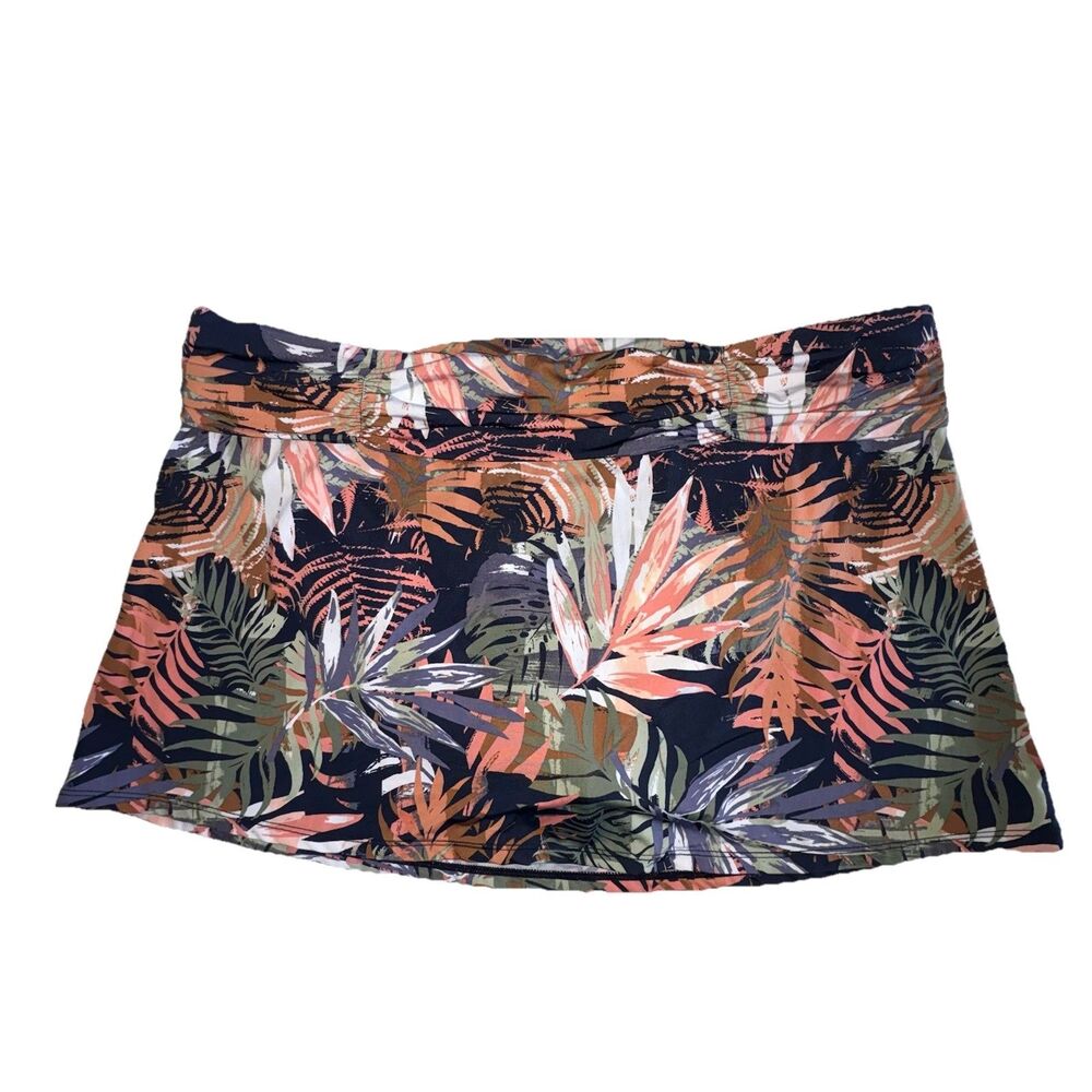 Garnet Hill Tropical Leaf Print Shirred Swim Skirt Women's Size 16 UPF 50+